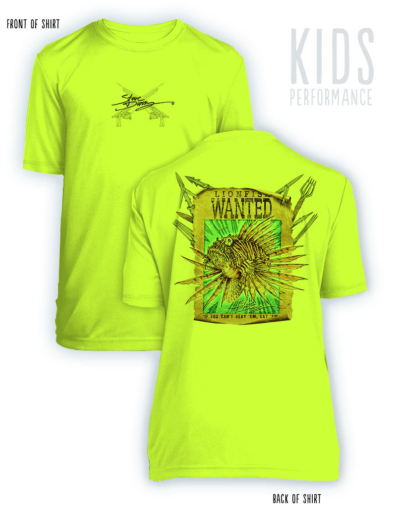 Lionfish Wanted Poster- KIDS Short Sleeve Performance - 100% Polyester